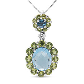 18k White Gold 0.05 Cttw Round Diamond and Blue Topaz and Green Peridot Gemstone Halo Drop 18" Pendant Necklace (F-G Color, VS1-VS2 Clarity)