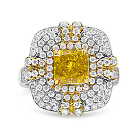 18K White and Yellow Gold 2.15 Cttw Yellow Radiant Lab Grown Center Diamond Halo Framed Cocktail Ring (Yellow/G-H Color, VS1-VS2 Clarity) - Size 6