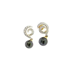 14K Yellow Gold Diamond & Black Pearl Dangle Earrings