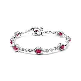 10K White Gold 4.5mm x 3mm Oval Ruby and Diamond Link Bracelet (H-I Color, SI1-SI2 Clarity) - Size 7"