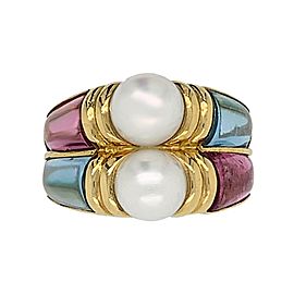 Bvlgari 18 Karat Yellow Gold Touramline and Aquamarine Cultured Pearl Ring