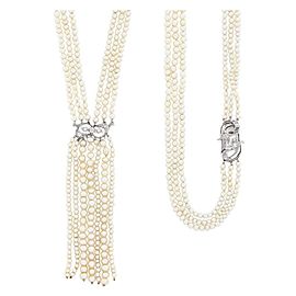 Long Triple Strand Pearl, Platinum, Gold and Diamond Fringe Sautoir