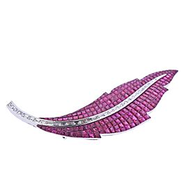 35.89 Carat Invisible Set Ruby Diamond Gold Feather Brooch Pin