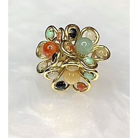 14K Yellow Gold Round Shaped with Multi-Colored Jade Cabochon Cluster Ring