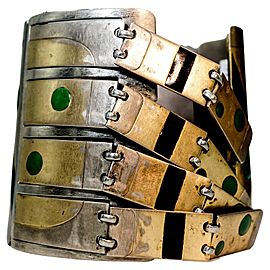 Steel Vintage Bangle with Vermeil Gold and Black and Green Enamel