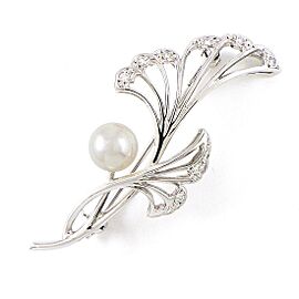 MIKIMOTO 950 Platinum Leaf Motif Wave Pearl Diamond Brooch LXWBJ-683