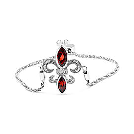 .925 Sterling Silver Marquise Garnet and Diamond Accent Lariat 4”-10” Fleur De Lis Adjustable Bolo Bracelet (H-I Color, SI1-SI2 Clarity)