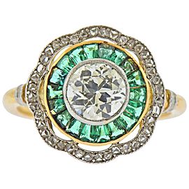 Art Deco Old Mine Diamond Emerald Gold Ring