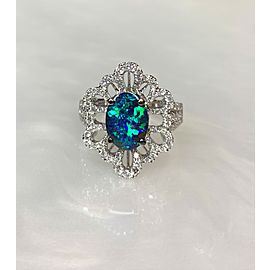 18K White Oval Cut Black Opal Diamond Ring