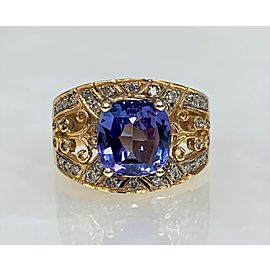 18K Yellow Gold Cushion Cut Tanzanite Diamond Ring