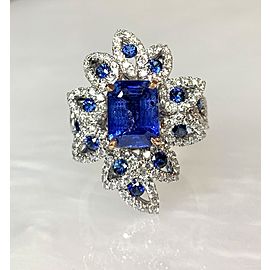 18K White Gold Emerald Cut Blue Sapphire Diamond Ring