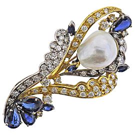 Baroque Pearl Diamond Sapphire Gold Pendant Brooch