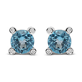 18K White Gold 1/10 Cttw Round Bezel Diamond and 10x10mm Round Sky Blue Topaz Gemstone Stud Earrings (G-H Color, I1-I2 Clarity)