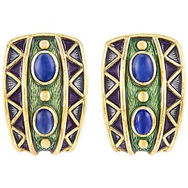 18 Karat Gold, Four Oval Cabochon Sapphire and Enamel Clip-On Earrings