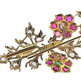 Buccellati Ruby Emerald Sapphire Diamond Gold Flower Brooch Pin