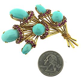 18K Yellow Gold with 4.5ctw. Turquoise and Ruby Brooch