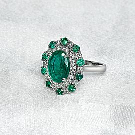 14k White Gold 3.24ct Emerald and Diamond Vintage Engagement Ring