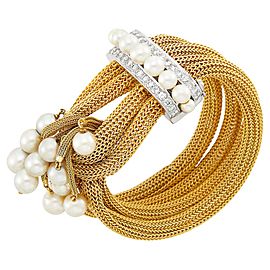 6 1/8Four Strand Gold Mesh, White Gold, Cultured Pearl and Diamond Fringe Bracelet