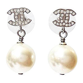 Chanel CC Rhinestone Simulated Glass Pearl Dangle Piercing Earrings