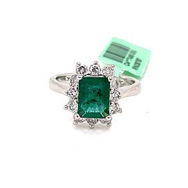 Emerald-Cut Emerald and Diamonds Floriated Halo Ring In 14K White Gold