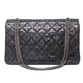 Chanel 2.55 Reissue Double Flap Jumbo Pin Stripe Rayures Classic 239715 Charcoal X Black Calfskin Leather Cross Body Bag