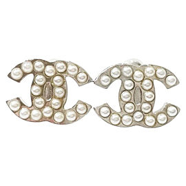 Chanel Classic Silver-Tone Metal CC Simulated Glass Pearl Earrings