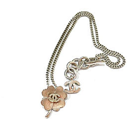 Chanel CC Light Pink Clover Silver Rhinestone Necklace