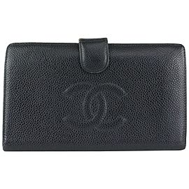 Chanel Black Caviar Leather CC Logo Long Bifold Wallet 104c52