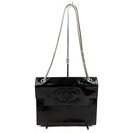 Chanel Brick Classic Cc Logo Silver Chain Flap 872678 Black Enamel Shoulder Bag