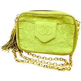 Chanel Case Camera Fringe Tassel Quilted 234644 Green Satin Cross Body Bag