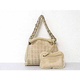 Chanel Tote W Chain Tote W/ Pouch 226196 Beige Shearling Wool Shoulder Bag