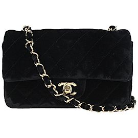 Chanel Black Quilted Velvet Mini Classic Flap Chain Bag Silver 3C927