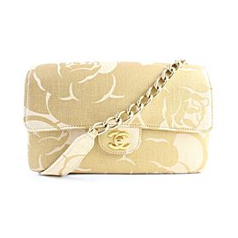 Chanel Classic Woven Camellia Medium Flap 5cr0417 Natural X Gold Raffia Straw Shoulder Bag