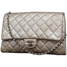 Chanel Classic Flap Clutch Quilted Jumbo Chain 231197 Silver Leather Shoulder Bag