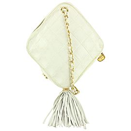 Chanel White Quilted Leather Diamond Clutch on Chain Tassel Bag 1123c30