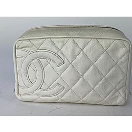 Chanel Cosmetic Pouch Cambon Quilted Toiletry 15ca527 Ivory Or Off White Leather Clutch