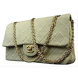 Chanel Double Flap Quilted Grey Classic 215748 Grey-cream Cotton Shoulder Bag