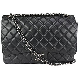 Chanel Black Quilted Lambskin Maxi Classic Double Flap Silver Chain 69cas726