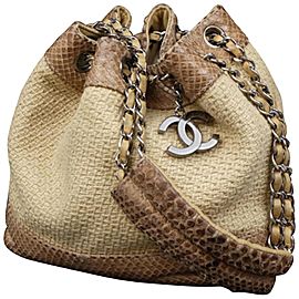 Chanel Drawstring Bucket Straw and Python Chain 234444 Beige Raffia Shoulder Bag