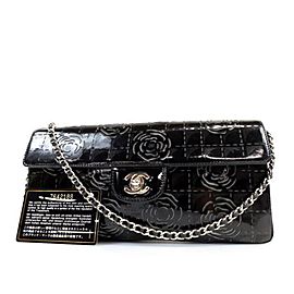 Chanel East West Camellia Chain Flap 237772 Black Patent Leather Shoulder Bag