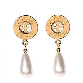 Chanel Metal Pearl Paris Button Drop Earrings Gold 860659