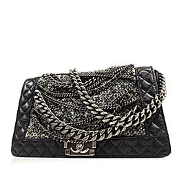 Chanel Handbag Boy Enchained Medium Chain Flap 234201 Black Leather X Tweed Shoulder Bag