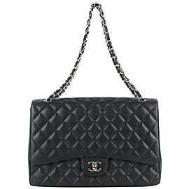 Chanel Quilted Black Caviar Leather Maxi Classic Silver Chain Flap Bag 922cas