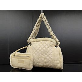 Chanel Hobo Quilted Chain 226579 Beige Shearling Wool Shoulder Bag