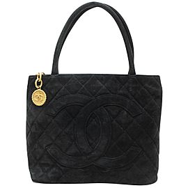 Chanel Quilted Medallion Charm Zip 869199 Black Suede Leather Tote