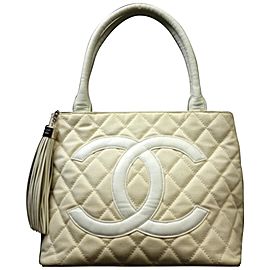 Chanel Quilted Fringe Medallion Tote 223626 Beige X White Leather Shoulder Bag