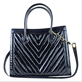 Chanel Quilted Chevron 2way Tote 221916 Black Patent Leather Shoulder Bag