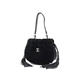 Chanel Quilted Fringe Ball 227132 Black Shearling Shoulder Bag