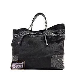 Chanel Quilted Lambskin Hair Chain 232104 Black Pony Fur Tote