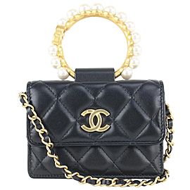 Chanel Black Quilted Lambskin Pearl Bracelet Mini Chain Flap 923ca99